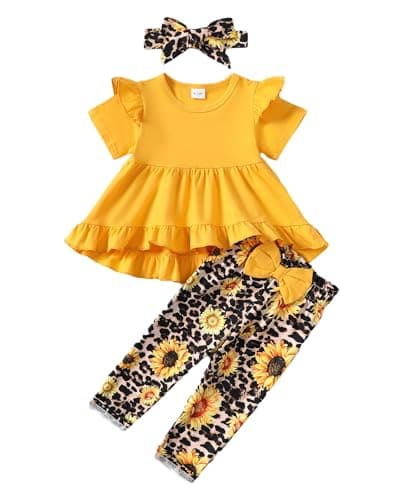 Kucnuzki 18-24 Months Girl Clothing Toddler Girl Clothes Cute Little Girl Outfit Baby Ruffle Shirt Yellow Top Floral Pants Set 3Pcs Spring Outfit Baby Clothing