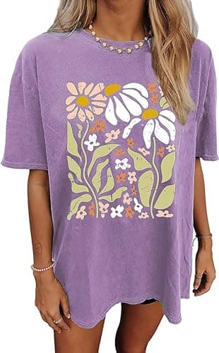 Wildflowers Shirt for Women Oversized Vintage Floral T Shirts Inspirational Graphic Tees Summer Casual Loose Beach Tops(Small,Purple)