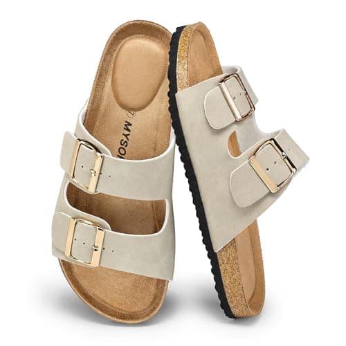 mysoft Womens Flat Sandals Cork Footbed Slides with 2 Straps