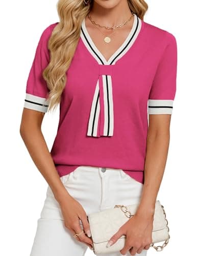 Libsorge Womens Lightweight Cute Bow Tie Sweater Spring Summer 2026 Trendy Dressy Business Casual Outfits Sexy V Neck Thin Short Sleeve Color Block Striped T Shirt Tops Rose Red L