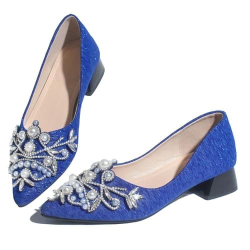 MENGYANYINGYI Women's Chunky Heel Comfortable Work Shoes Rhinestones Pearl Dress Wedding Pumps for Women - 1.18Inches Height Blue Size 9