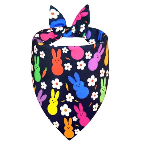 WoffBow Easter Dog Bandana for Small Medium Dogs - Reversible Navy Bunny & Pastel Stripes Scarf, Cute Pet Accessory for Spring Gift (9-14" Neck)