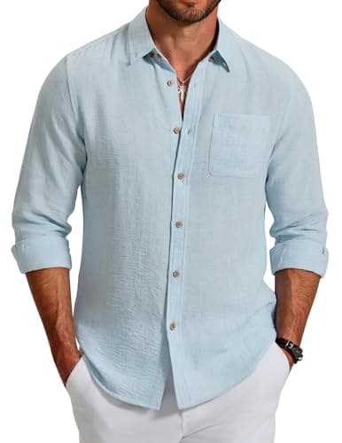 COOFANDY Mens Summer Button Down Shirt Long Sleeve Beach Shirts for Men Dress Shirts,Light Blue