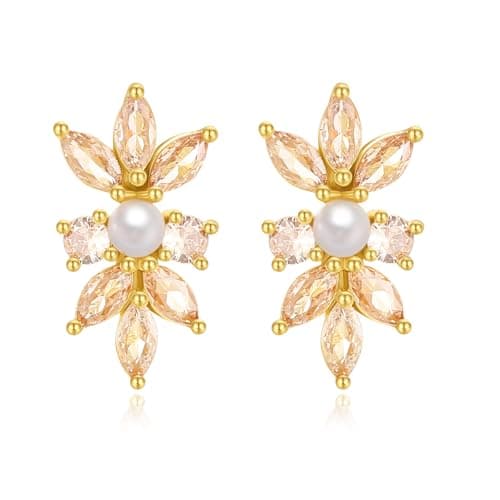 FENBORY Champagne Cubic Zirconia Stud Earrings Delicate Leaf CZ Pearl Cluster Earrings Bridal Stud Earrings for Women Wedding Party
