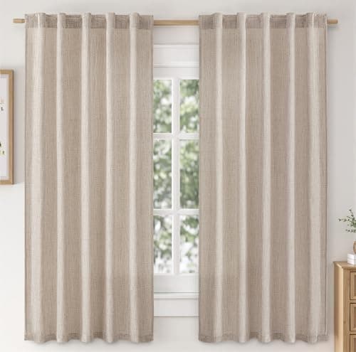 MIULEE Faux Linen Curtains 63 Inch Length 2 Panels Natural Semi Sheer Curtain with Back Tab Rod Pocket, Light Filtering Window Privacy Burlap Drapes for Living Room Bedroom 42W x 63L Linen