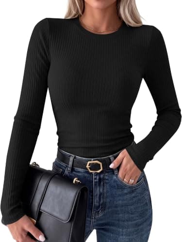 ANRABESS Ribbed Slim Fit Long Sleeve Shirts for Women Black S