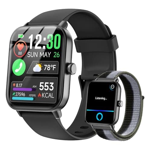 Smart Watches for Women/Men, Smart Watch for Android Phones and iPhone Compatible, Alexa Built-in, 1.8" Fitness Watches for Women, IP68 Waterproof /Bluetooth Call, Heart Rate/Sleep Monitor, Two Bands