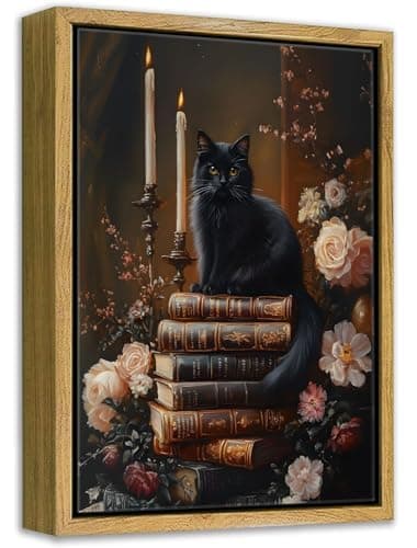 Framed Dark Academia Moody Wall Art Victorian Black Cat Wildflower Book Floral Wall Decor Picture Gothic Vintage Antique Aesthetics Poster Prints for Gallery Library Bookstore Decoration 12x16in