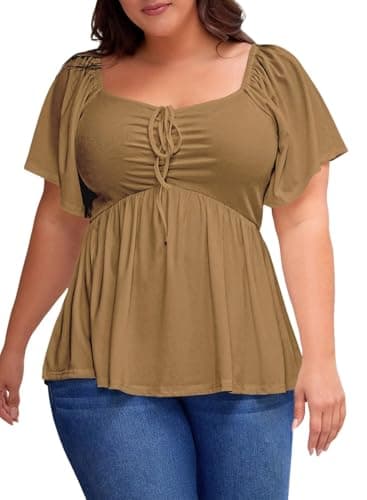 Eytino Plus Size Womens Tops Short Sleeve Sweetheart Neck Babydoll Blouse Dressy Casual Shirts Going Out Date Outfits,5X Khaki
