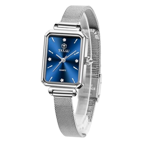 Taxau Watches for Women, Ladies Watches Small Silver Mesh Band Blue Face Dress Waterproof Analog Quartz Woman Watch Rectangular Small Face Luxury Fashion Relojes para Mujer