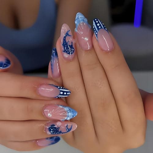 Summer Press on Nails almond Medium Fake Nails with Blue Dolphin Designs Ocean Style Nails Press ons Shell False Nails Gel Artificial Fingernail Acrylic Nail French Stick on Nails for Women 24Pcs