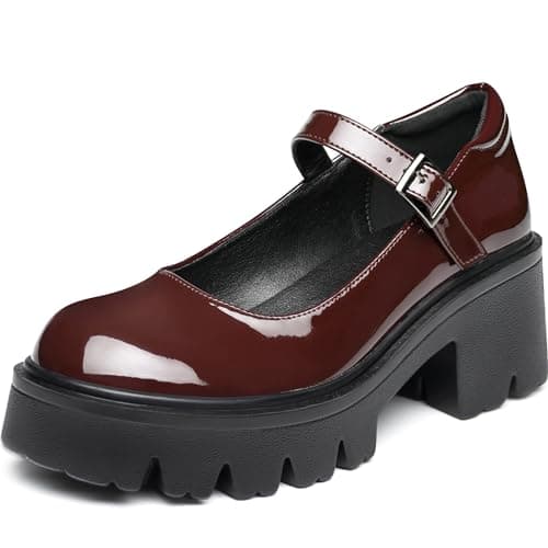 Elvora Women's Mary Jane Shoes - Platform Mary Janes for Women, Coffee Leather Round Toe Chunky Dress Shoes with Adjustable Ankle Strap