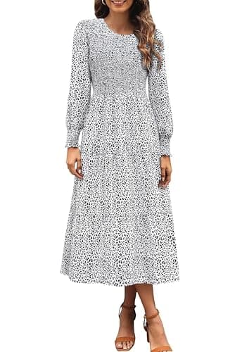 Zattcas Womens Long Sleeve Smocked Floral Fall Midi Dresses Whiteblack M