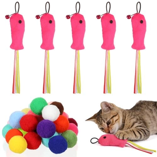 Ezymivs 5 Pcs Cat Toys Pink Fish, Cats Feather Wand Accessories with Ribbons Colorful Cat Pom Pom Balls Fuzzy Kitten Interactive Playing Quiet Toy for Indoor Cats Kitten Exercise (30 Pcs Balls)