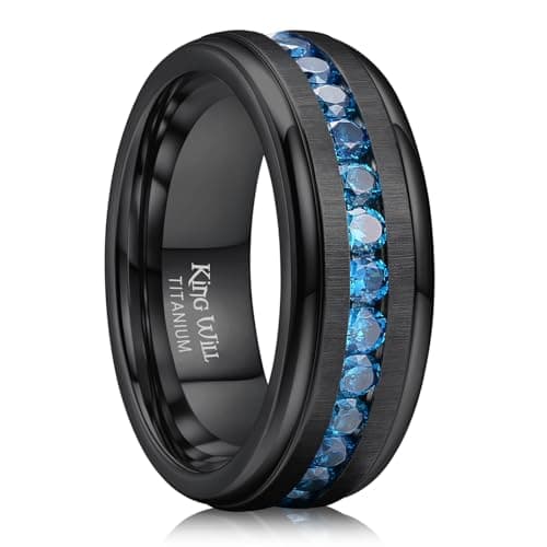 King Will 8mm Black Titanium Rings, Men's Wedding Rings Blue Cubic Zircon Flat Cut Wedding Band for Men Women Comfort Fit and Durable, Size 9