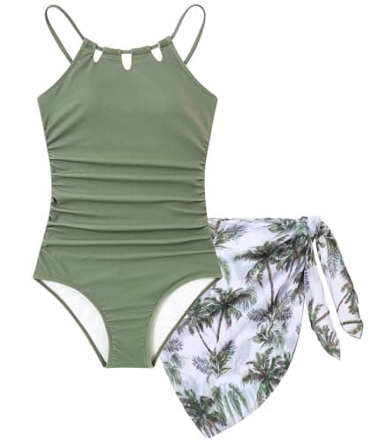 Cuddomper Girls Swimsiut Size 7-8 Green One-Piece Bathing Suit with Tropical Print Mesh Cover Ups Adjustable Straps Cut Out Swimwear