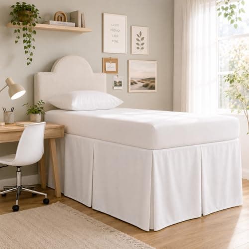 Cottingon Box Pleated Dorm Room Bed Skirt with Split Corners, 100% Microfiber Soft, Sheen & Luxurious Look, Tailored Drop Easy Fit, Twin XL 36", White
