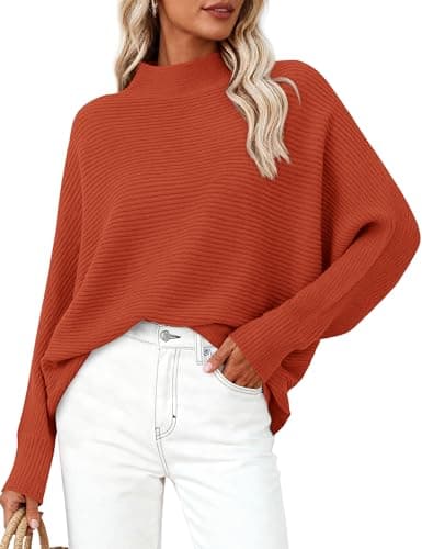 PRETTYGARDEN Womens Batwing Long Sleeve Sweaters Casual Loose Mock Neck Ribbed Knit Cozy Pullover Sweater Tops 2026 Spring Clothes (Rust,S)