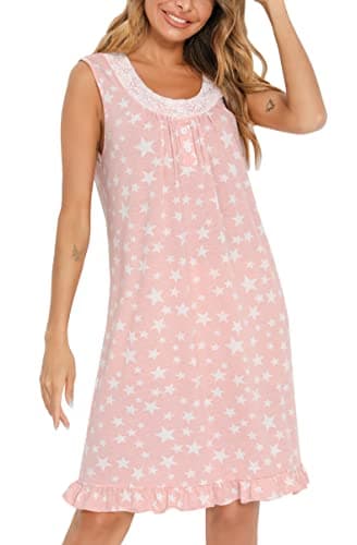 Vslarh Women Sleeveless Nightgowns Lace Sleepshirts Soft Sleepdress Wide Strap Chemise Tank Top Sleepwear Print Pajama Dress(Pink-Star,Large)