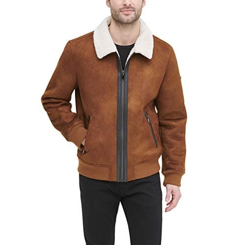 DKNY Men's Shearling Bomber Jacket with Faux Fur Collar, Brown, Large