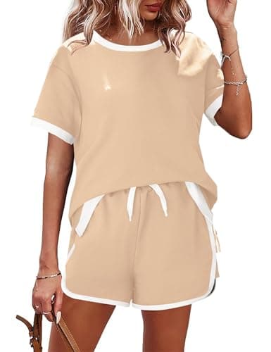 AKEWEI Women's Two 2 Piece Outfits Lounge Sets Casual Short Sleeve Shirts Matching Shorts Comfy Loungewear Pamajas Set Khaki XXL