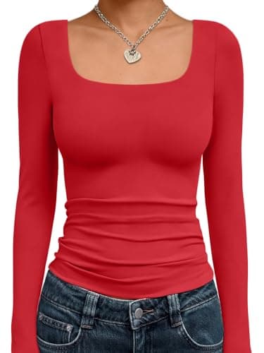Trendy Queen Womens Long Sleeve Double Lined Slim Fit Tops Red M