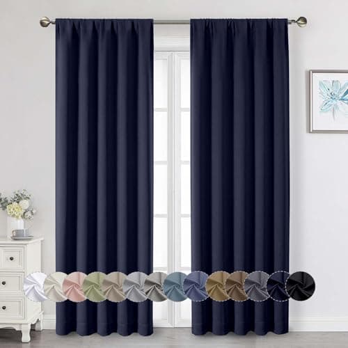 WelvetBLK Navy Blue Blackout Curtains for Bedroom Living Room 90 Inches Long 2 Panels, Soft Solid Room Darkening Thermal Insulated Window Treatments, Rod Pocket Curtain, 50" Wx90 L