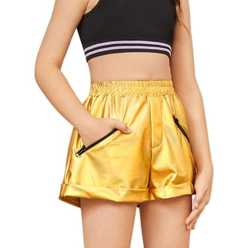 Girls Metallic Shorts Shiny Dance Outfits Sparkly Hot Pants Party Costumes Shorts with Zipper Pockets, 10-11Y