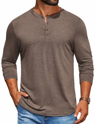 COOFANDY Men's Long Sleeve Tee Shirts Long Sleeve Henley Shirts Casual T Shirt Brown