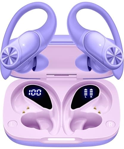 PocBuds Bluetooth Headphones Wireless Earbuds 80hrs Playtime Wireless Charging Case Digital Display Sports Ear buds with Earhook Deep Bass IPX7 Waterproof Over-Ear Earphones for TV Phone Laptop Purple