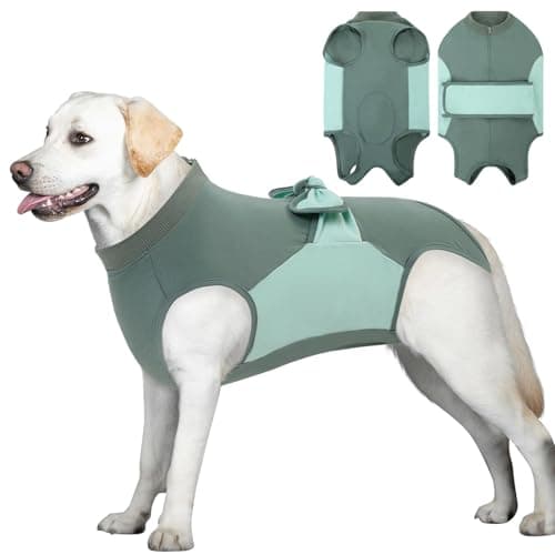 SAWMONG Recovery Suit for Dogs, Cotton Zipper Dog Surgery Suit Female Spay Pet Male Breathable, Neuter Dog Onesie Clothes Bodysuit Prevent Licking Wounds, Substitute E-Collar & Cone(Green, 2X-Large)