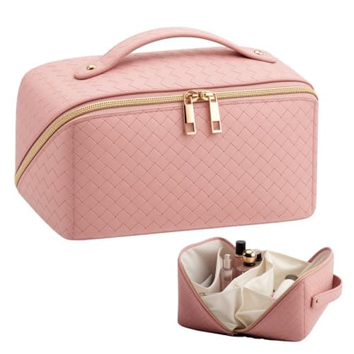 VERNASSA Large Capacity Travel Makeup Bag for Women, Waterproof Portable Cosmetic Bag with Compartments, Foldable Flat Lay Design for Easy Access, Perfect for Toiletries & Beauty Essentials (Pink)