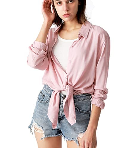 SUKIANSY Womens Button Down Shirt Long Sleeve Button Up Shirt Ladies Work Blouses Loose Fit Tops Pink XL