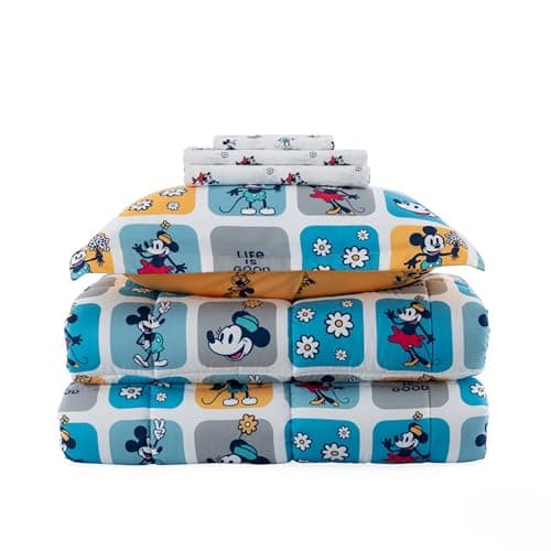 Berkshire LIG Printed Reversible Microfiber Comforter Set–5-Piece, Ultra Soft All-Season Bedding, Wrinkle & Fade Resistant, Twin, Steamboat Willie Boxes Extra Large Blue