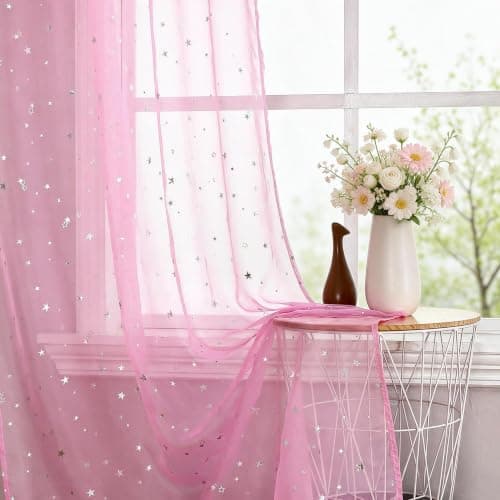 WUBODTI Pink Star Sheer Curtains for Girls Room 63 Inches Long 2 Panels