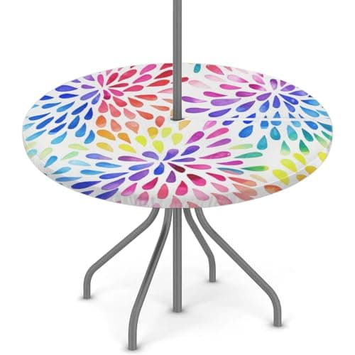 GzLeyigou Colorful Fitted Round Tablecloth with Umbrella Hole and Zipper Spring or Summer Floral Outdoor Elastic Table Cloth 36"-44" Oil-Proof Waterproof Patio Table Cover for Picnic Party