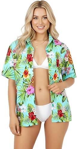 HAPPY BAY Women's Short Sleeve Shirt Hawaiian Blouse M Pineapple Green