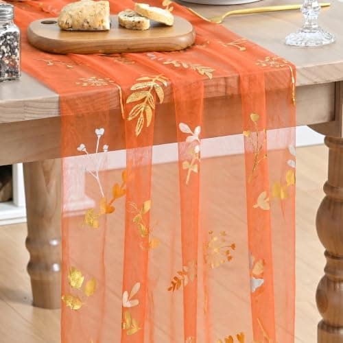 Artoid Mode Floral Leaves Orange Gauze Table Runner 10FT, Glitter Metallic Foil Fall Sheer Dining Wedding Anniversary Birthday Table Decor for Home Party