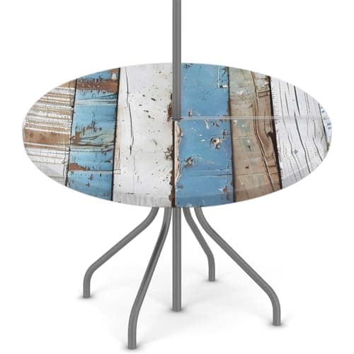 Peaom Rustic Beach Wooden Outdoor Tablecloth with Umbrella Hole, Round Elastic Fitted Table Cloth with Zipper, Waterproof Picnic Patio Table Covers Fits 36-44 in Tables