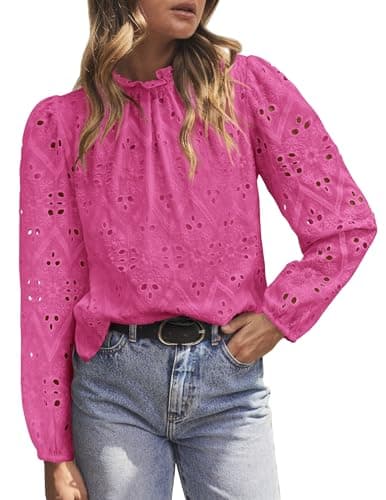 PRETTYGARDEN Tops for Women 2026 Spring Long Sleeve Blouses Dressy Casual Embroidered Eyelet Shirts Fall Going Out Outfits (Rose Red,Large)