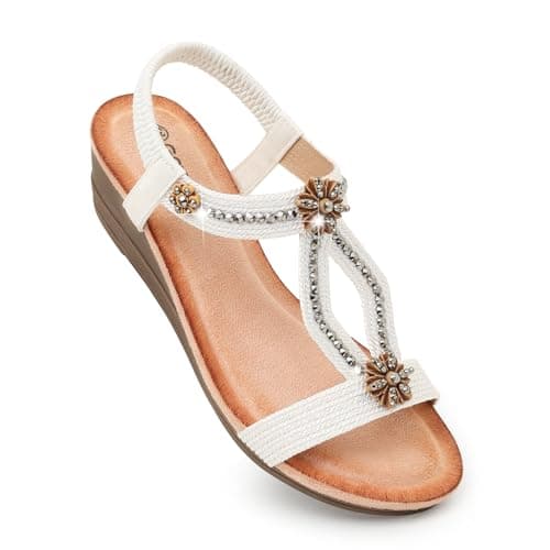 Goldnut Women's White Wedge Sandals Dressy Comfortable Elastic Strap 8.5