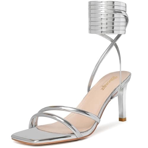 RIBONGZ Silver Strappy Heels for Women Lace Up Kitten Heeled Sandals Tie Up Square Open Toe Stiletto High Heel Wrap Around Ankle Strap Heels Sexy Wedding Prom Comfortable Dressy Shoes 7.5