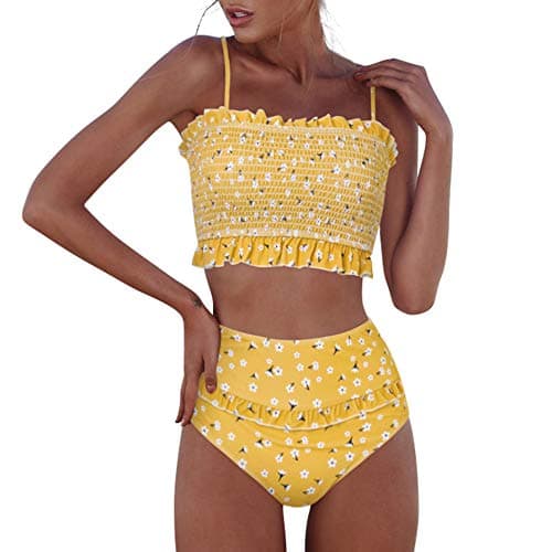 RXRXCOCO Womens Shirred Bandeau Bikini Cute Two Piece Swimsuit Off Shoulder High Waist Bathing Suit Yellow X-Small