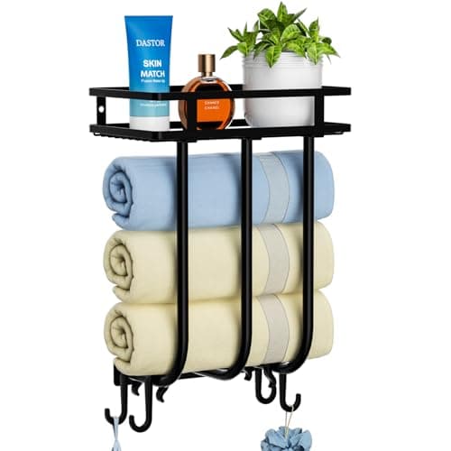 GAGUIUP Small Wall Mounted Towel Rack with Shelf & 4 Hanging Hooks, Black