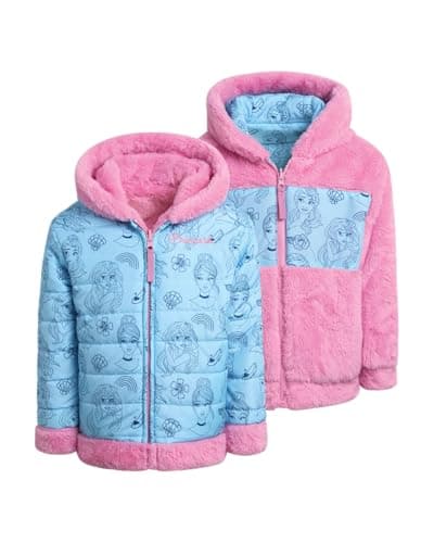 Disney Girls Reversible Puffer Jacket - Princess Minnie Mouse Super Soft Faux Fur Quilted Hooded Winter Coat for Girls (3T-7), Size 3T, Princess Blue/Pink