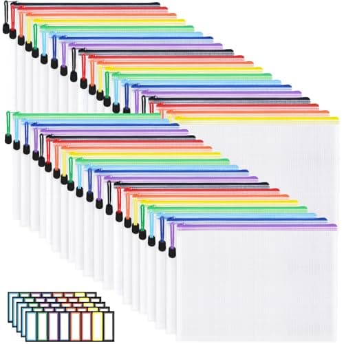 EOOUT 40pcs A4 Zipper Pouch Bags, Mesh Pouch Bags with Labels for Board Games & Puzzles Supplies, Waterproof Document Zipper Cases for School Toys Office Cosmetics Travel Storage,8 Colors