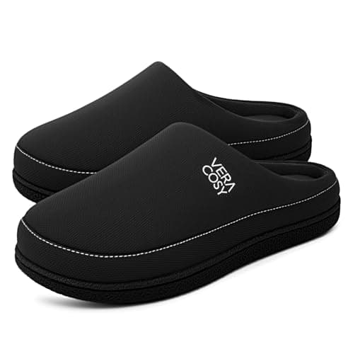 VeraCosy Men's Cozy Knit Slipper Comfortable Memory Foam Indoor House Shoes with Non-slip Rubber Sole Dark Black,11-12 US
