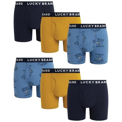 Lucky Brand Mens Boxer Briefs - 6 Pack 6'' Inseam Soft Cotton Boxers for Men with Functional Fly Mens Underwear Boxer Briefs, Size Small, Shadow Black/Blue Print/Golden Olive