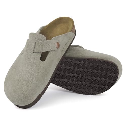 ILLIMITE Suede Clogs for Women Men Cork Footbed Sandals Leather Mules Potato Shoes with Arch Support and Adjustable Buckle Taupe