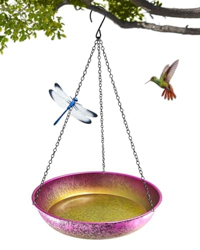 Hanging Bird Bath for Outside Iridescent Metal Feeder Tray with Hand-Painted Pink and Green Gradient 11" Decorative Birdbath for Wild Birds to Bathe & Drink Garden Decor for Patio & Yard
